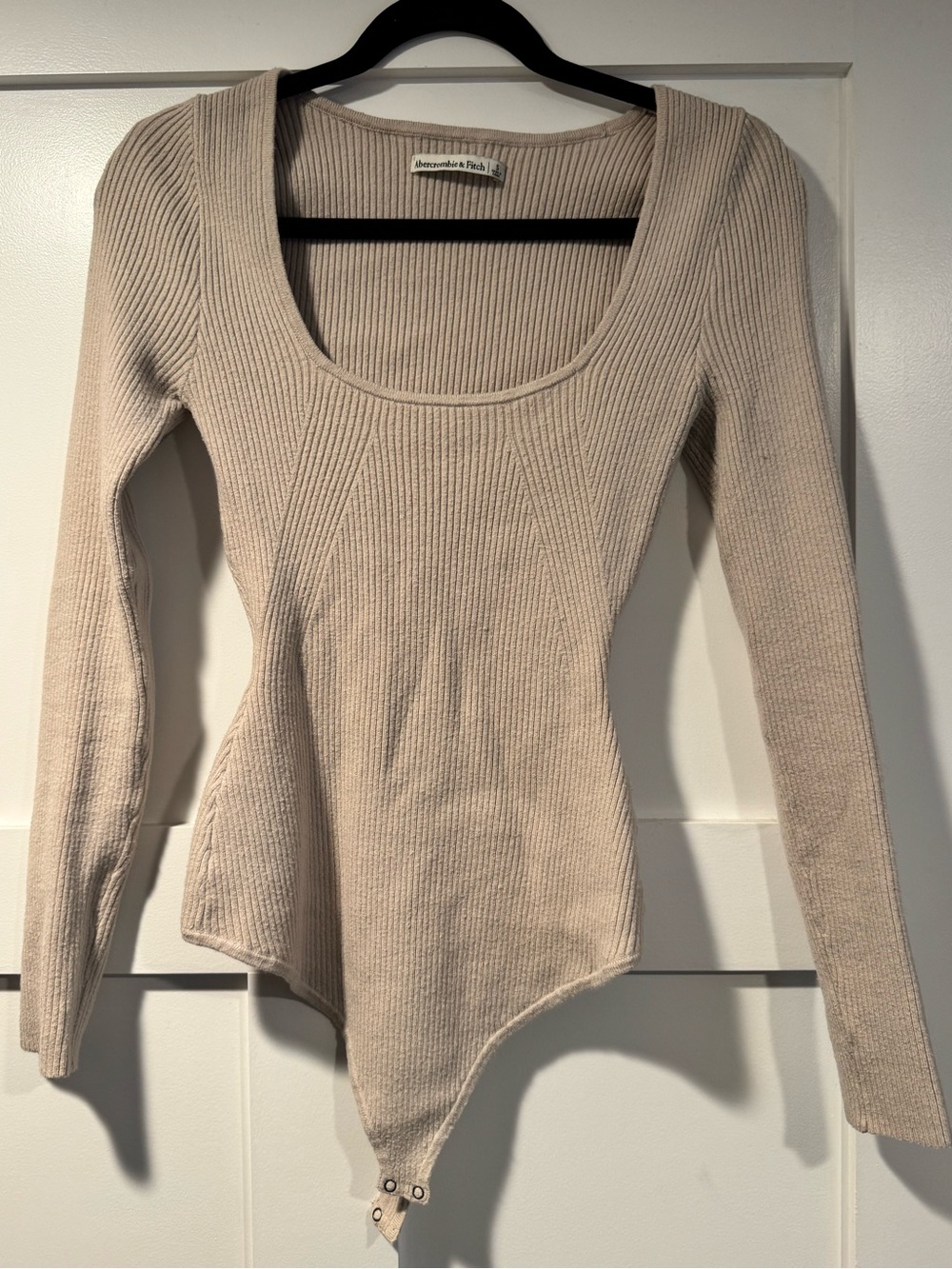 Abercrombie & Fitch Ribbed Long-Sleeve Scoop-Neck Bodysuit in Light Beige
